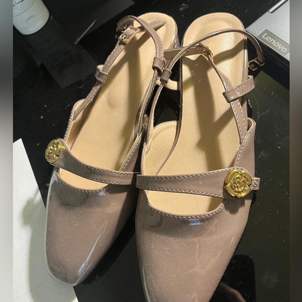 mocha brown mini pumps with gold accent and unique design size 7.5